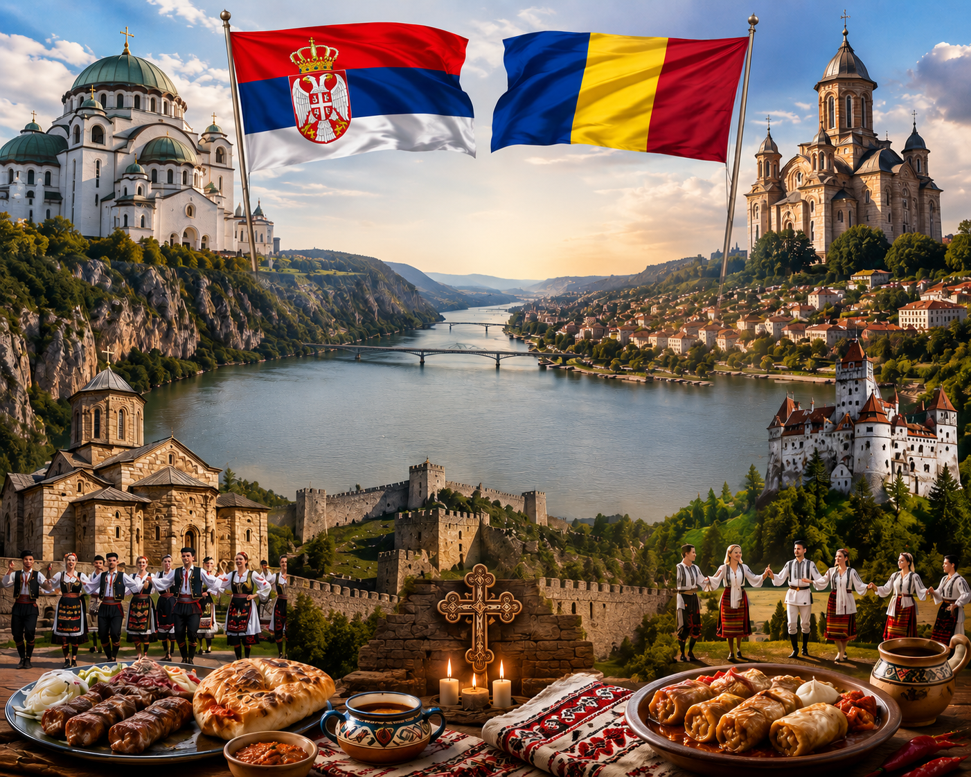 Serbian and Romanian cultural landscape with Orthodox churches, Danube scenery, traditional Balkan food, flags, and historical architecture representing friendship between Serbia and Romania.