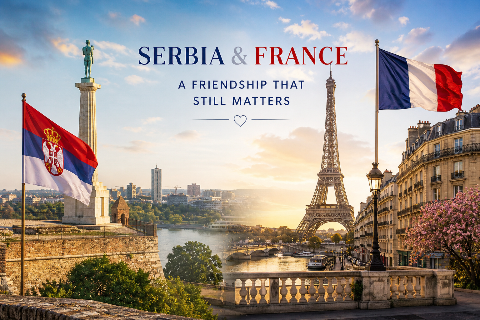 Belgrade and Paris skyline with Serbian and French flags symbolizing the historical friendship between Serbia and France
