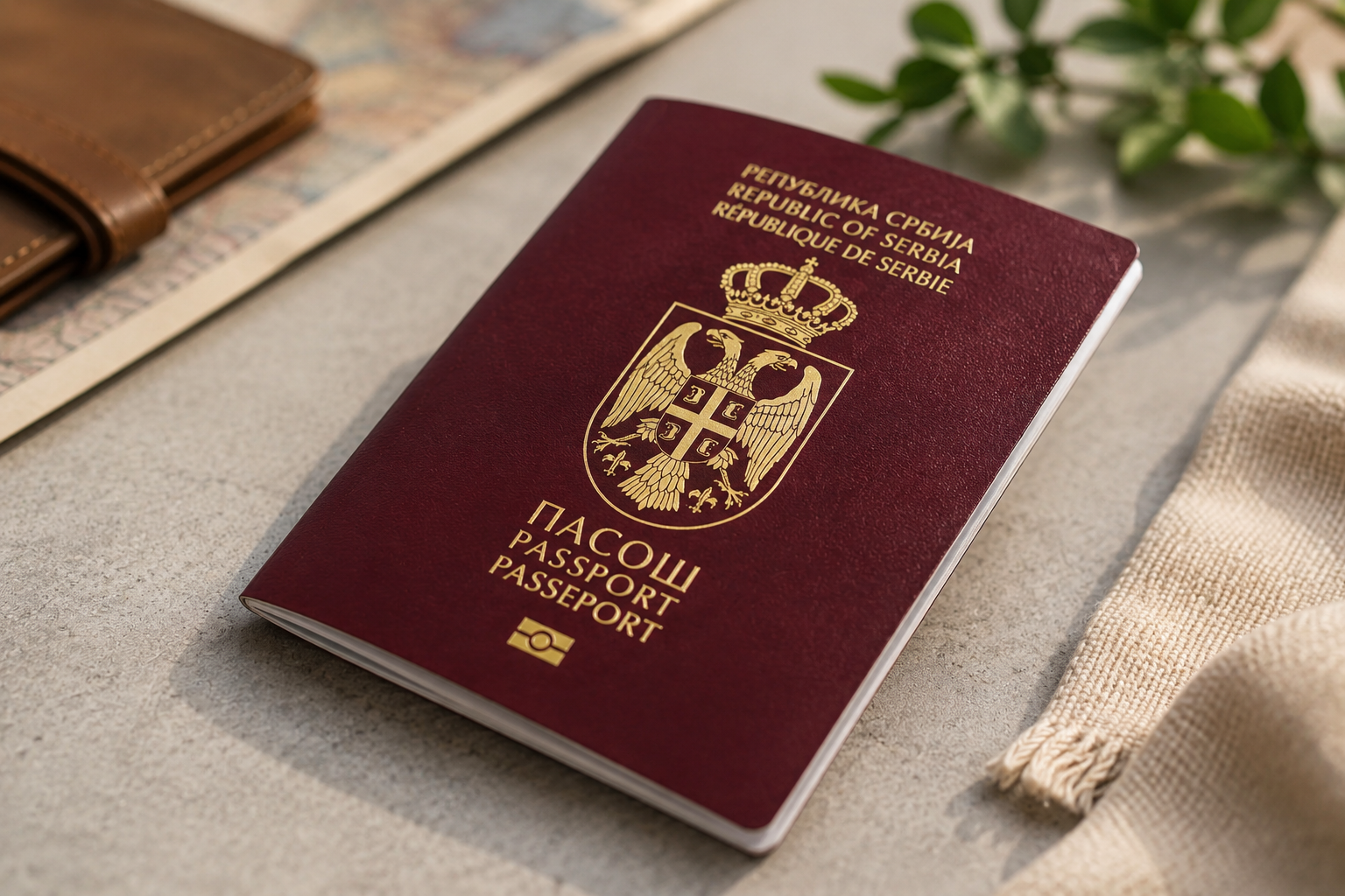 Modern redesigned Serbian biometric passport placed on a travel-themed background with map and travel accessories.