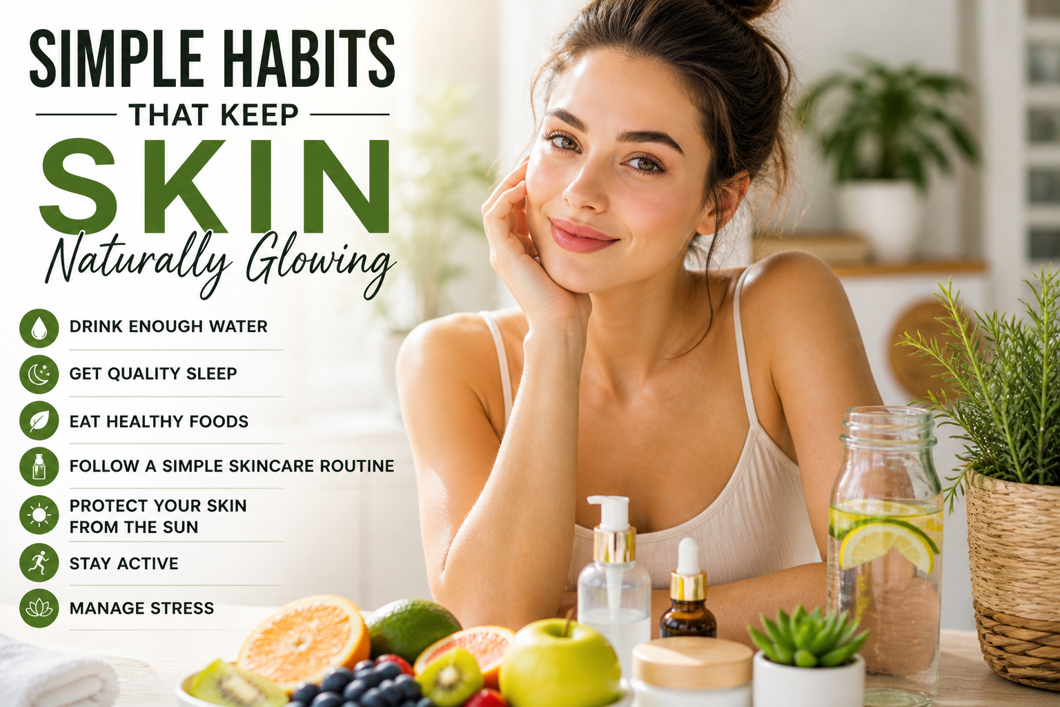woman natural glowing skin skincare routine healthy lifestyle hydration beauty