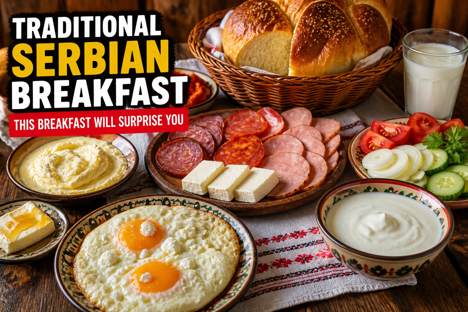 serbian breakfast table with bread cheese kajmak eggs and vegetables homemade food