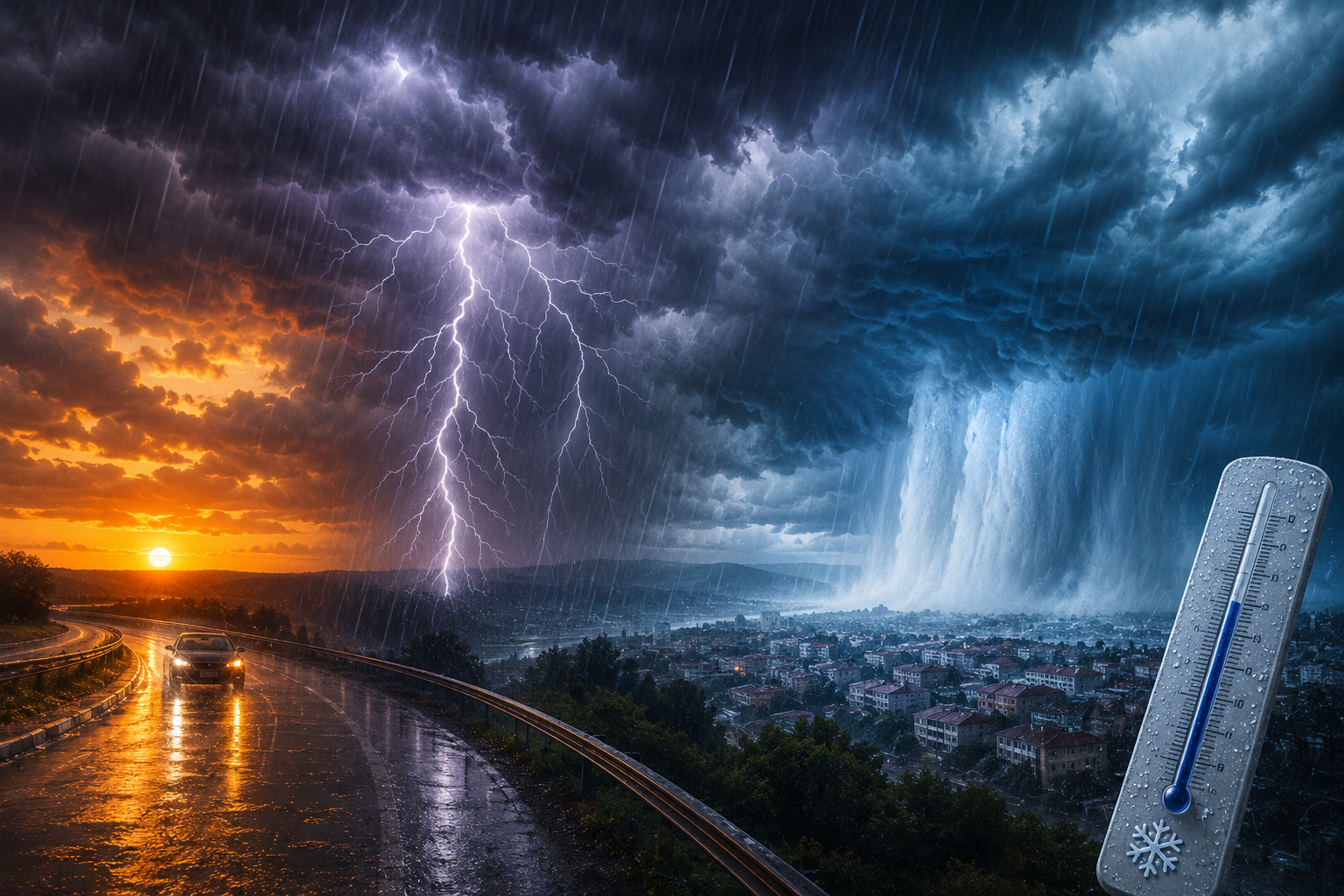 Severe storm clouds, lightning, heavy rain, and dramatic weather conditions over Serbia with sudden temperature changes and thunderstorms.