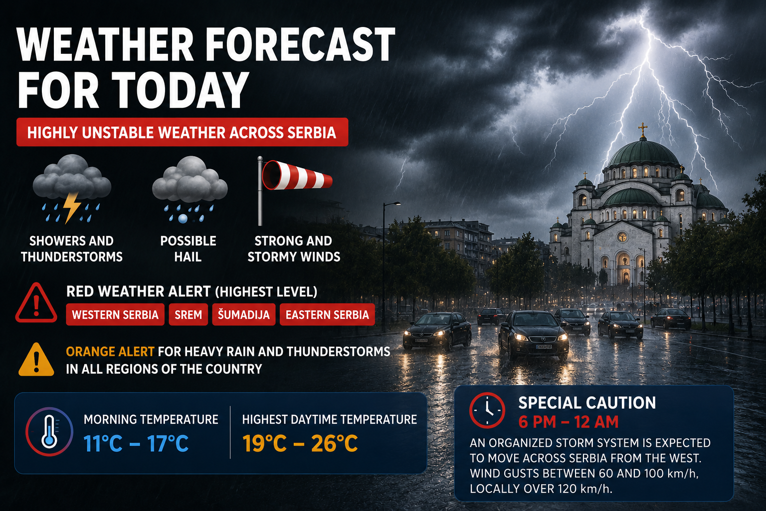 Storm clouds, lightning, heavy rain, and severe weather warning graphic over Serbia with thunderstorm forecast and strong wind alerts.