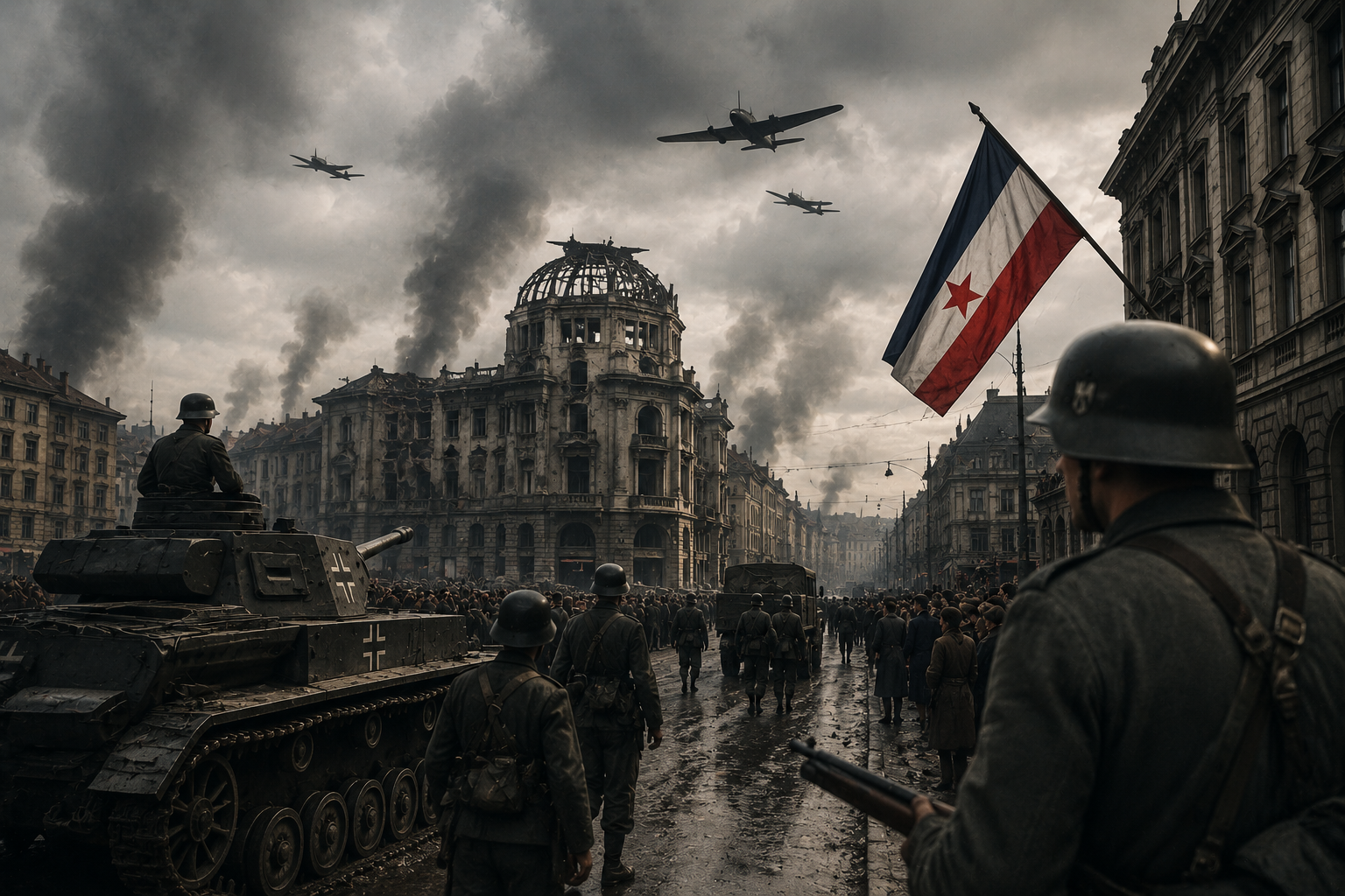 World War II occupation scene in Yugoslavia with soldiers, tanks, damaged buildings, and wartime destruction in a Balkan city.